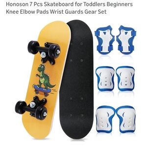 Kids Skateboard with Dino Graphic & Blue Safety Pads - Yellow Deck